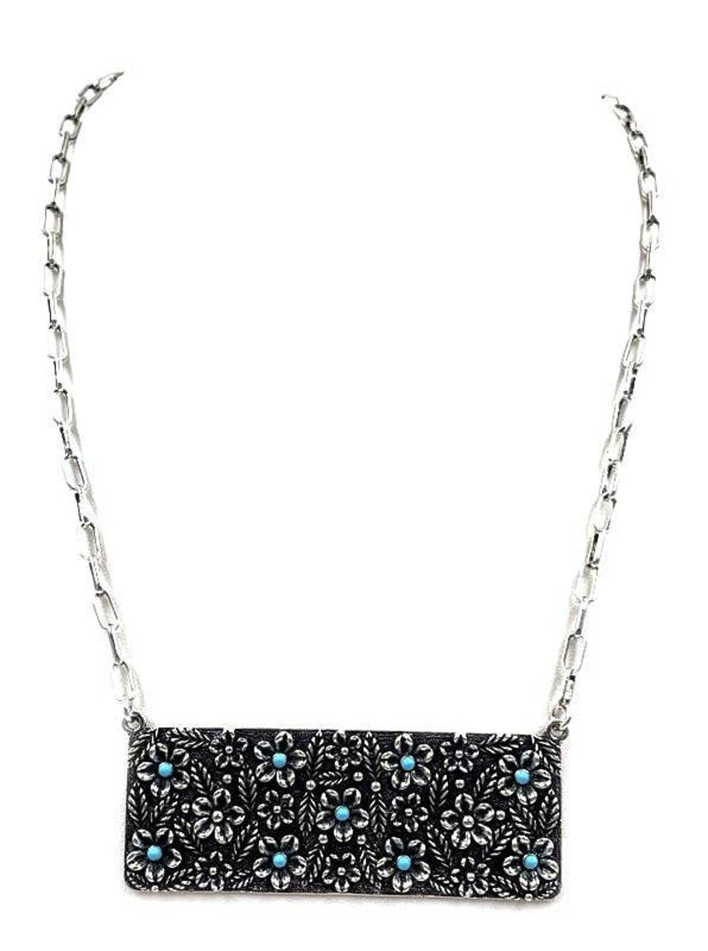 Turquoise Western Flower Stone Metal Plate Necklace | Boho Statement Necklace